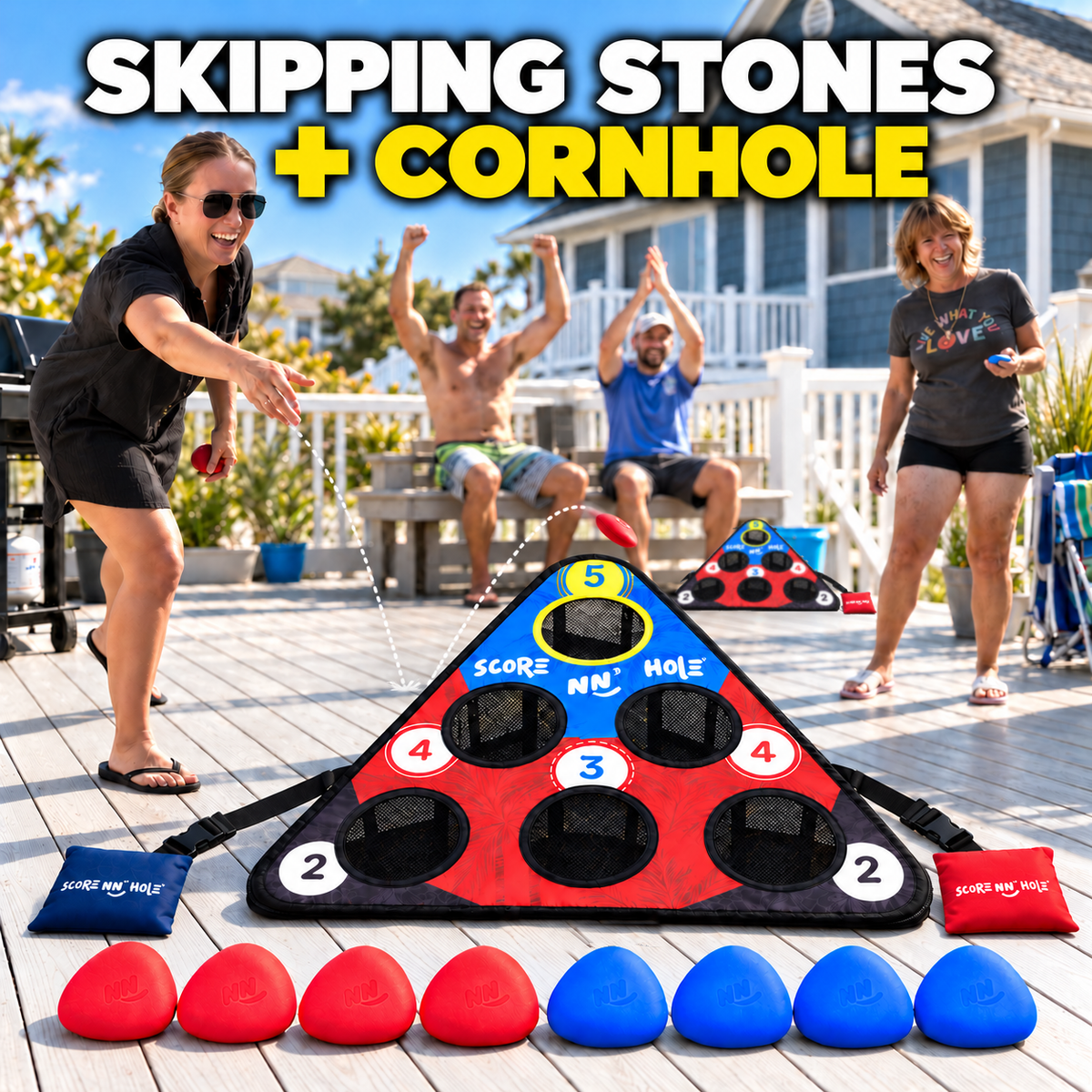 SKIP NN' HOLE Game Set - skipping stones meets cornhole on a backyard deck with two targets