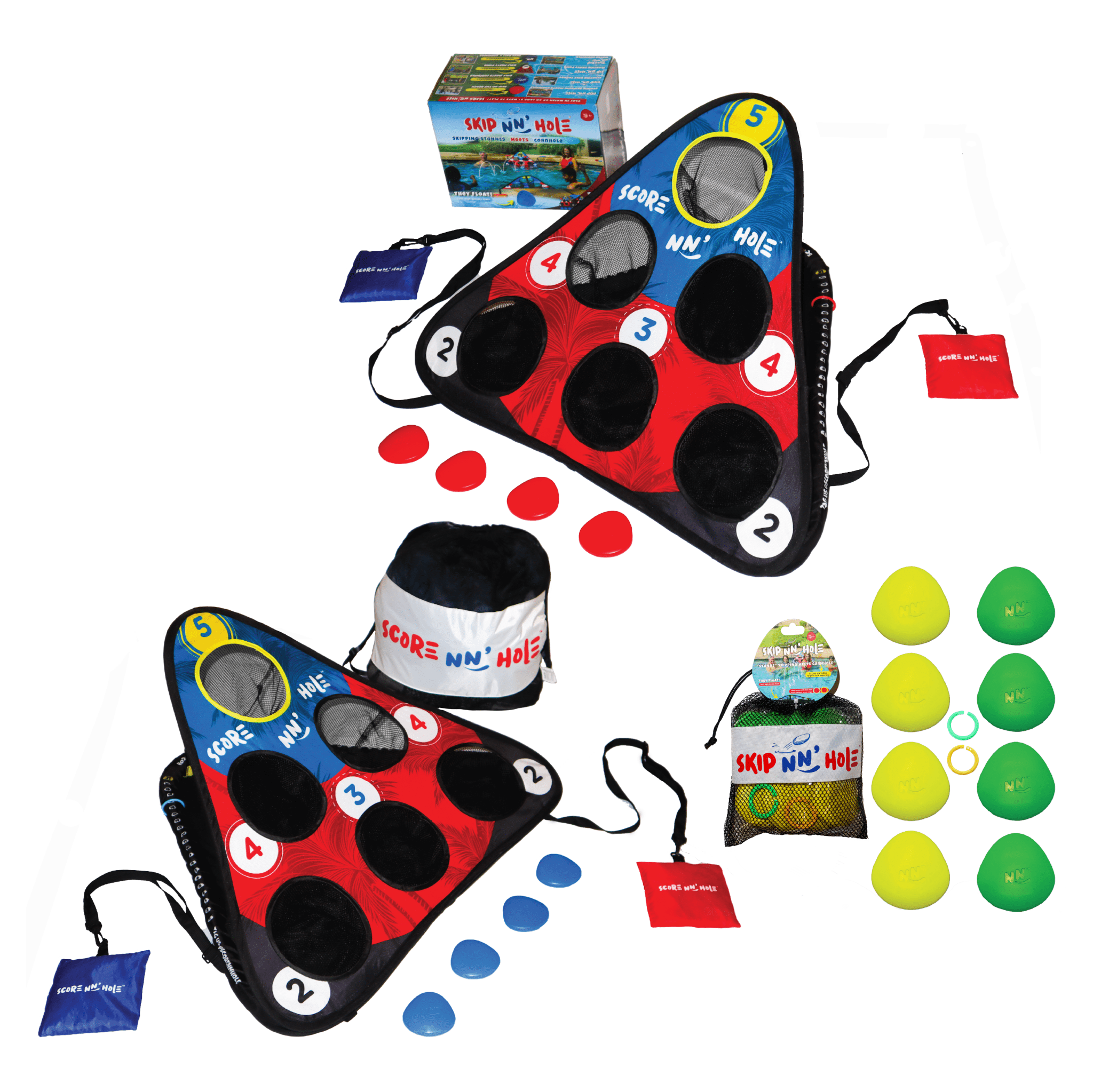 SKIP NN' HOLE + Extra Stonnes | Pool Game Set Bundle with 8X Extra Skipping Stonnes | Skipping Stone Swimming Pool Cornhole Game for Pool or Lake | Skipping Stone Pool Cornhole Game for All Ages - SCORE NN'
