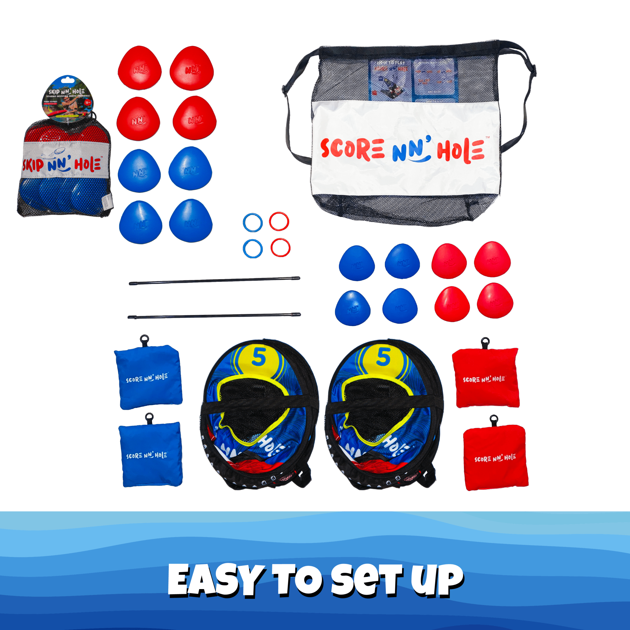 SKIP NN' HOLE + Extra Stonnes | Pool Game Set Bundle with 8X Extra Skipping Stonnes | Skipping Stone Swimming Pool Cornhole Game for Pool or Lake | Skipping Stone Pool Cornhole Game for All Ages - SCORE NN'