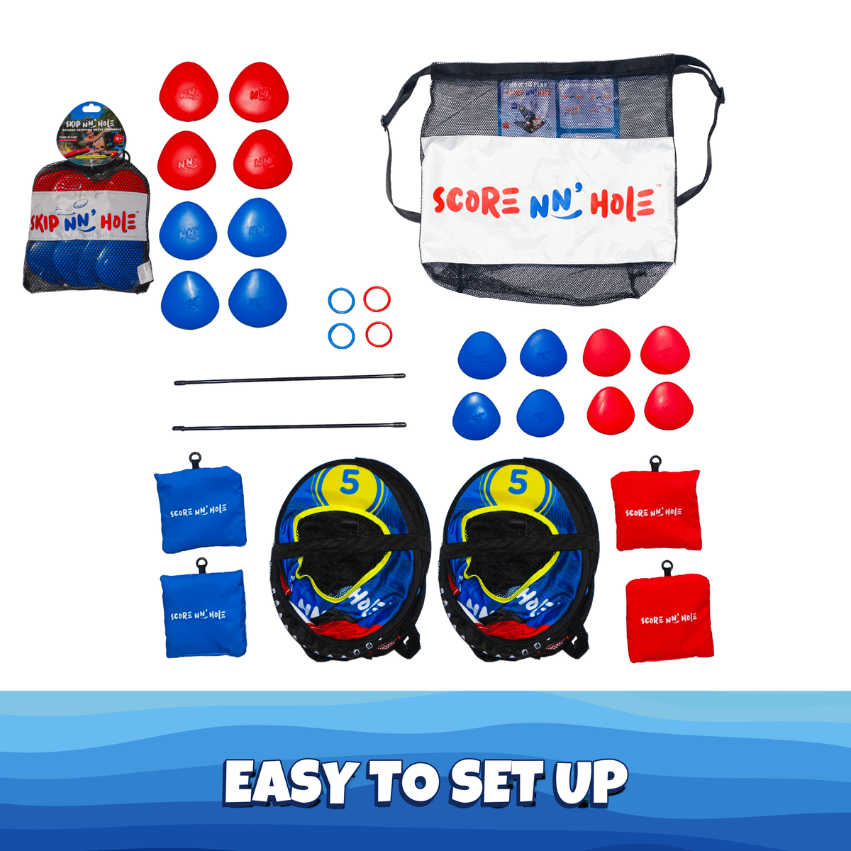 SKIP NN' HOLE + Extra Stonnes | Pool Game Set Bundle with 8X Extra Skipping Stonnes | Skipping Stone Swimming Pool Cornhole Game for Pool or Lake | Skipping Stone Pool Cornhole Game for All Ages - SCORE NN'