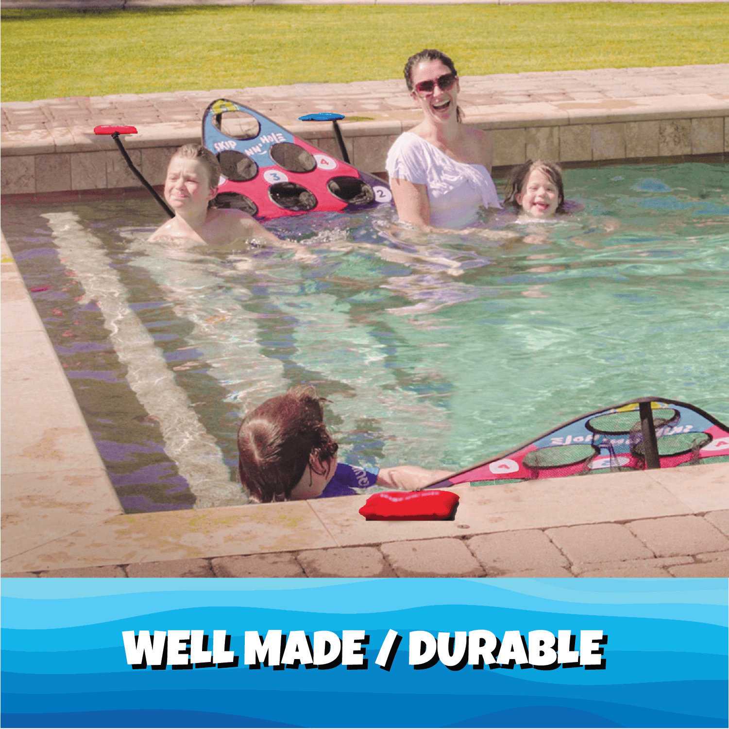SKIP NN' HOLE + Extra Stonnes | Pool Game Set Bundle with 8X Extra Skipping Stonnes | Skipping Stone Swimming Pool Cornhole Game for Pool or Lake | Skipping Stone Pool Cornhole Game for All Ages - SCORE NN'