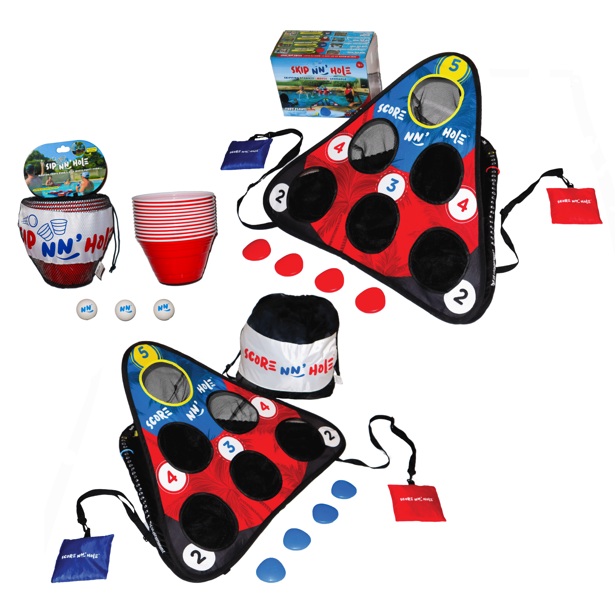 SKIP NN' HOLE + SIP NN' HOLE | Skipping Stones Meets Cornhole + Floating Giant Cup Pong Game for Pool, Land, or Lake | The Ultimate Pool Party Game - SCORE NN'