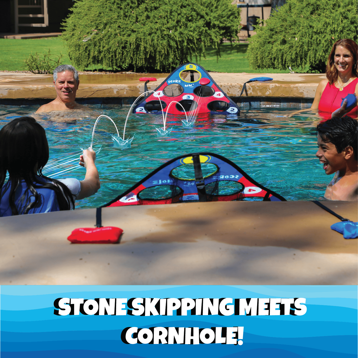 SKIP NN' HOLE + SIP NN' HOLE | Skipping Stones Meets Cornhole + Floating Giant Cup Pong Game for Pool, Land, or Lake | The Ultimate Pool Party Game - SCORE NN'
