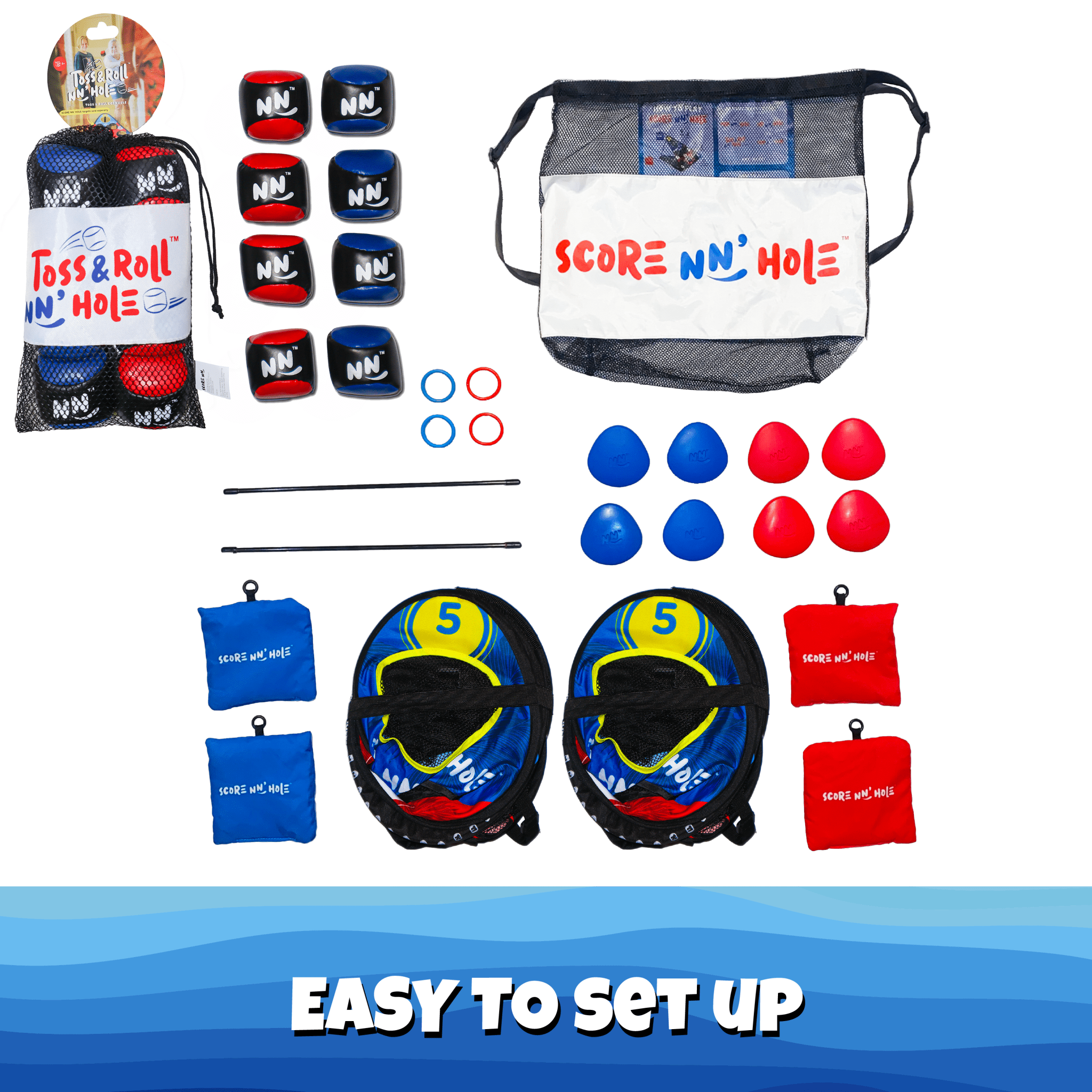 SKIP NN' HOLE + TOSS & ROLL NN' Hole | Pool and Land Game Set Bundle | Skipping Stone + Toss & Roll Cornhole Game for Pool, Land, or Lake | Great Game for All Ages | RED / BLUE - SCORE NN'