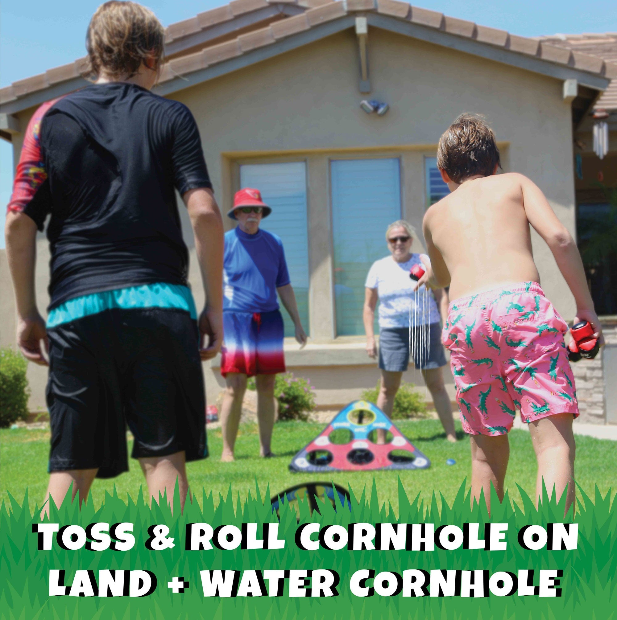 SKIP NN' HOLE + TOSS & ROLL NN' Hole | Pool and Land Game Set Bundle | Skipping Stone + Toss & Roll Cornhole Game for Pool, Land, or Lake | Great Game for All Ages | RED / BLUE - SCORE NN'