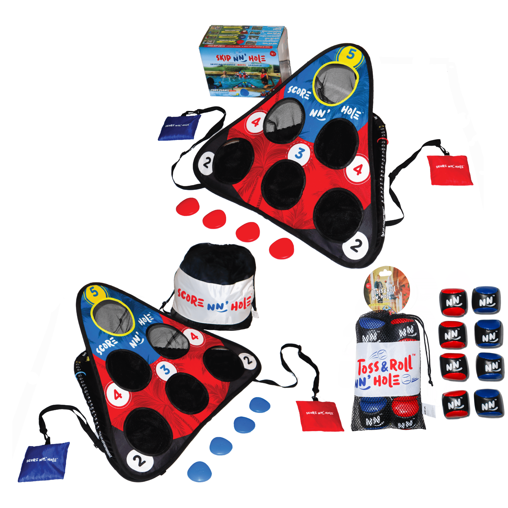 SKIP NN' HOLE + TOSS & ROLL NN' Hole | Pool and Land Game Set Bundle | Skipping Stone + Toss & Roll Cornhole Game for Pool, Land, or Lake | Great Game for All Ages | RED / BLUE - SCORE NN'