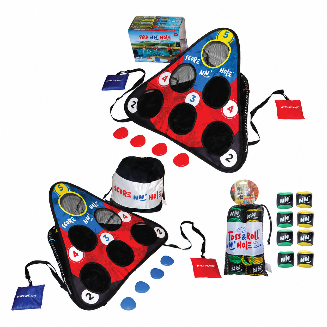 PRIME DAY SALE - SKIP NN' HOLE + TOSS & ROLL NN' Hole | Pool and Land Game Set Bundle | Skipping Stone + Toss & Roll Cornhole Game for Pool, Land, or Lake | Great Game for All Ages | RED / BLUE