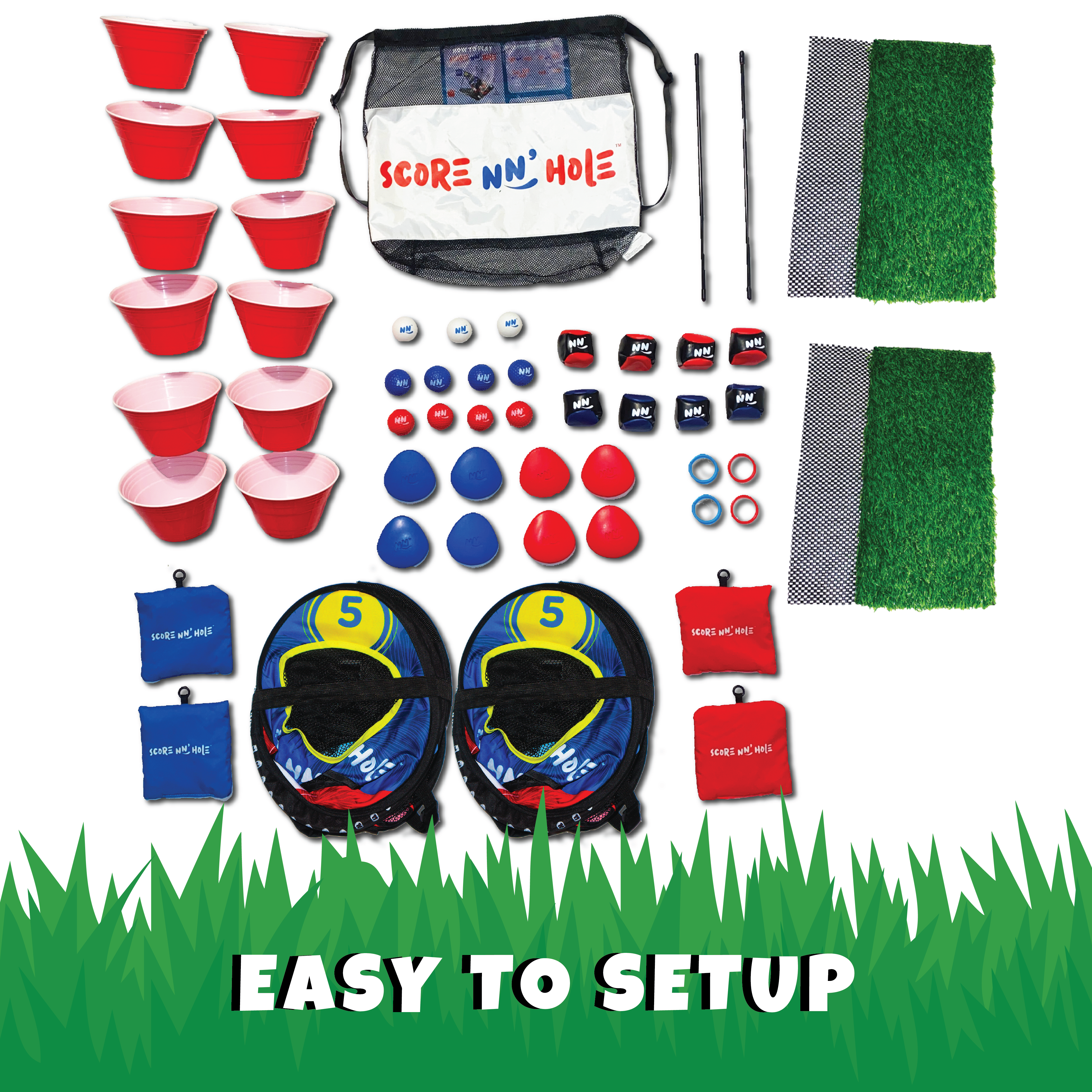 SCORE NN' HOLE ALL-IN-1 GAME SET | Includes stone skipping, golf, cornhole, ROLL NN' HOLE, beer pong, and more!
