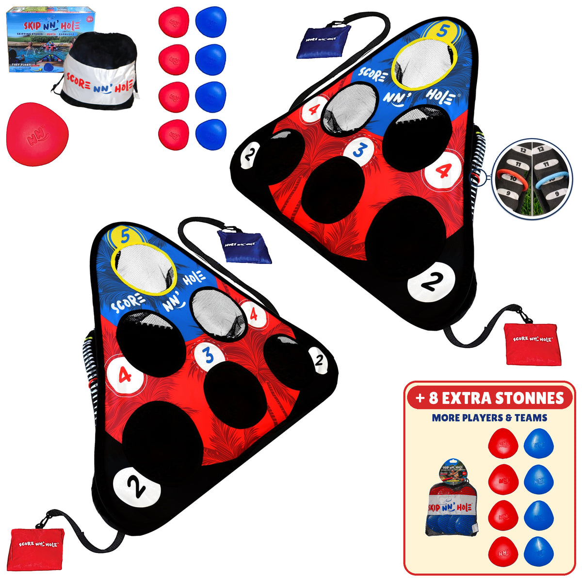 SKIP NN' HOLE + Extra Stonnes | Pool Game Set Bundle with 8X Extra Skipping Stonnes | Skipping Stone Swimming Pool Cornhole Game for Pool or Lake | Skipping Stone Pool Cornhole Game for All Ages - SCORE NN'