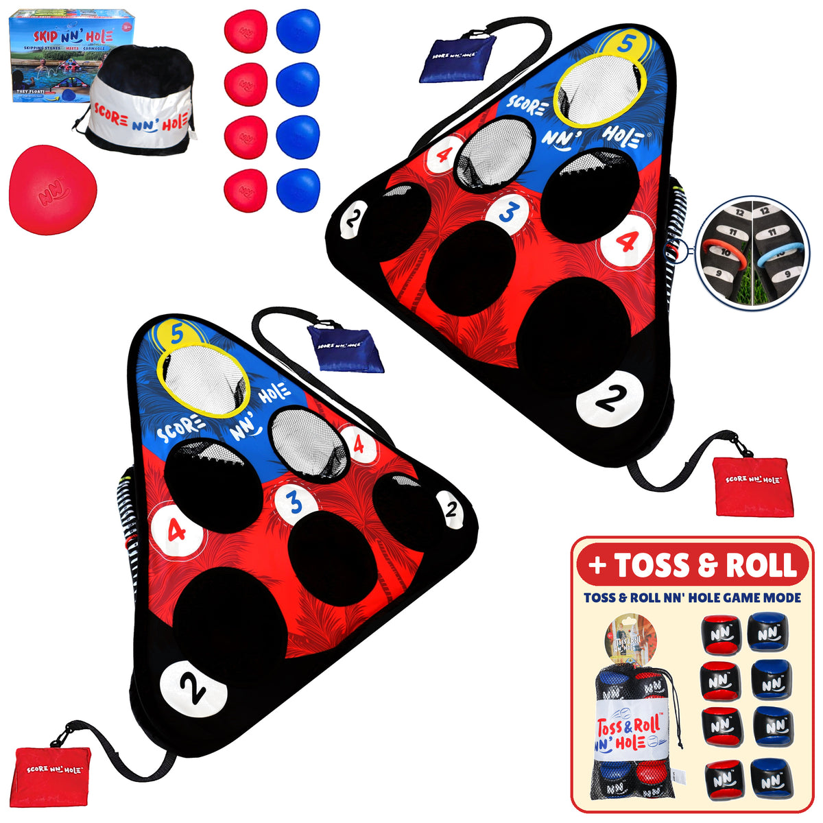 SKIP NN' HOLE + TOSS & ROLL NN' Hole | Pool and Land Game Set Bundle | Skipping Stone + Toss & Roll Cornhole Game for Pool, Land, or Lake | Great Game for All Ages | RED / BLUE - SCORE NN'