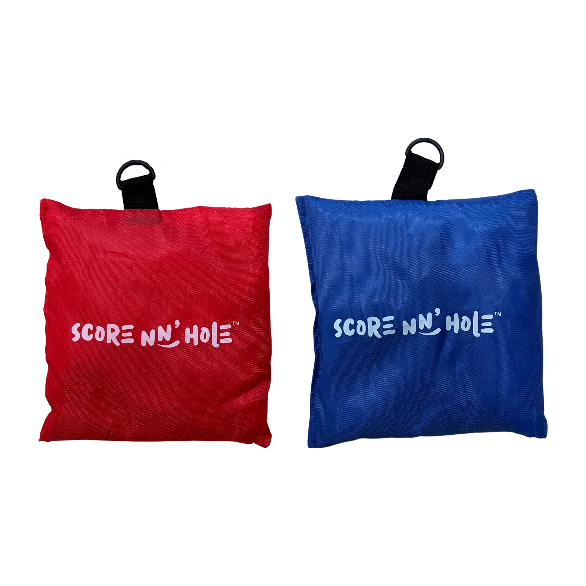 One red and one blue SCORE NN' HOLE weight bag shown side by side, the matched pair included with every Add-A-Target Kit.