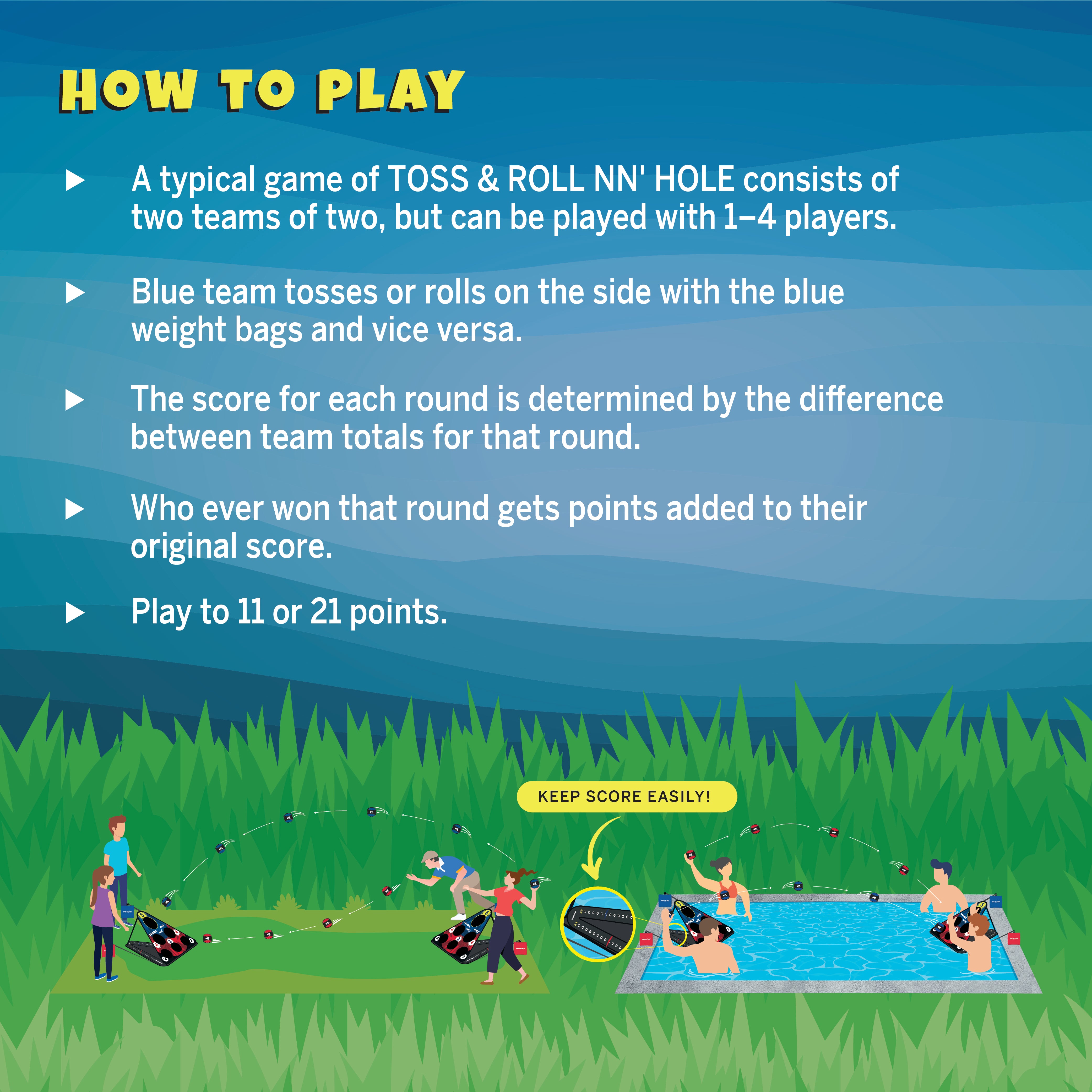 TOSS & ROLL NN' HOLE Game Set - Toss and Roll Cornhole on land + Water