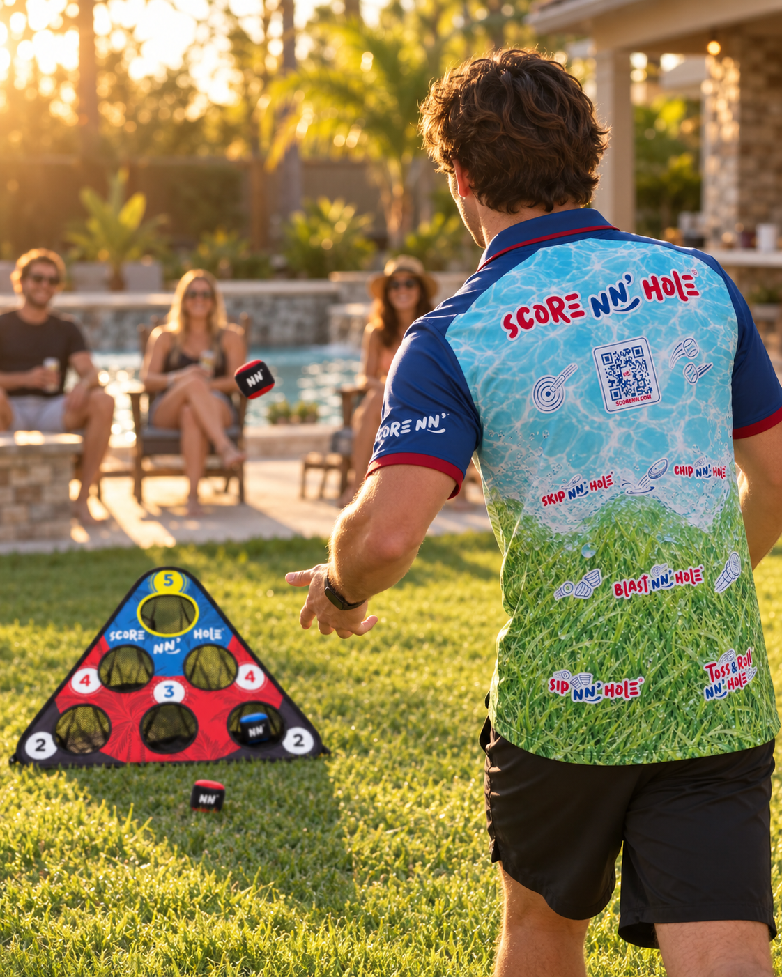 SCORE NN' HOLE Performance Polo - playing SCORE NN' HOLE in the backyard
